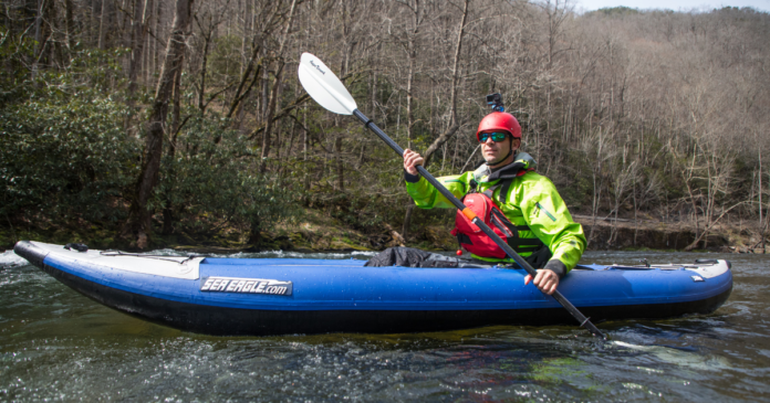 ken whiting testing the sea eagle 380x inflatable kayak aqua bound paddle nrs pfd wiley x sunglasses kayaking tips beginners